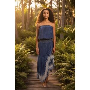 Paradise USA 100% Rayon Bohemian Boho Tiered Blue Tie Dye Ruffled Dress Sz M